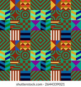 Retro futuristic vector pattern with geometric shapes. Simple form and a figure. Colorful Bauhaus background. Vintage graphics from 1980. 70s, 80s, 90s stile. Abstract design in the Scandinavian style