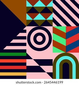 Retro futuristic vector pattern with geometric shapes. Simple form and a figure. Colorful Bauhaus background. Vintage graphics from 1980. 70s, 80s, 90s stile. Abstract design in the Scandinavian style