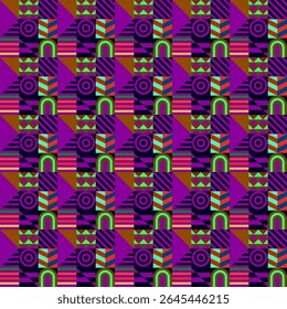 Retro futuristic vector pattern with geometric shapes. Simple form and a figure. Colorful Bauhaus background. Vintage graphics from 1980. 70s, 80s, 90s stile. Abstract design in the Scandinavian style