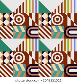 Retro futuristic vector pattern with geometric shapes. Simple form and a figure. Colorful Bauhaus background. Vintage graphics from 1980. 70s, 80s, 90s stile. Abstract design in the Scandinavian style