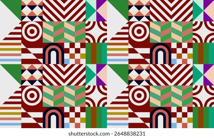 Retro futuristic vector pattern with geometric shapes. Simple form and a figure. Colorful Bauhaus background. Vintage graphics from 1980. 70s, 80s, 90s stile. Abstract design in the Scandinavian style