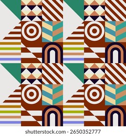 Retro futuristic vector pattern with geometric shapes. Simple form and a figure. Colorful Bauhaus background. Vintage graphics from 1980. 70s, 80s, 90s stile. Abstract design in the Scandinavian style