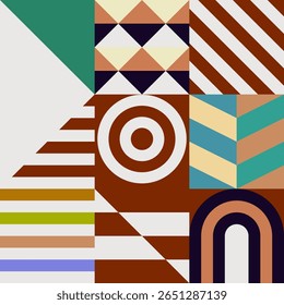 Retro futuristic vector pattern with geometric shapes. Simple form and a figure. Colorful Bauhaus background. Vintage graphics from 1980. 70s, 80s, 90s stile. Abstract design in the Scandinavian style