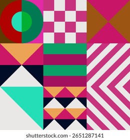 Retro futuristic vector pattern with geometric shapes. Simple form and a figure. Colorful Bauhaus background. Vintage graphics from 1980. 70s, 80s, 90s stile. Abstract design in the Scandinavian style