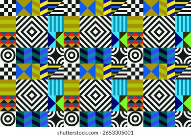 Retro futuristic vector pattern with geometric shapes. Simple form and a figure. Colorful Bauhaus background. Vintage graphics from 1980. 70s, 80s, 90s stile. Abstract design in the Scandinavian style