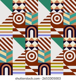 Retro futuristic vector pattern with geometric shapes. Simple form and a figure. Colorful Bauhaus background. Vintage graphics from 1980. 70s, 80s, 90s stile. Abstract design in the Scandinavian style