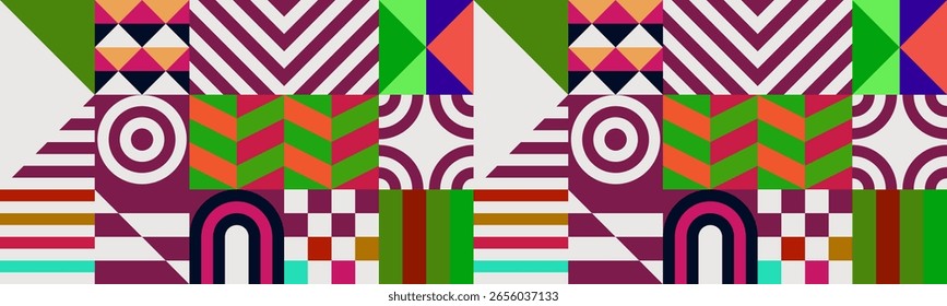 Padrão de vetor futurista retrô com formas geométricas. Forma simples e figura. Fundo Bauhaus colorido. Gráficos antigos de 1980. 70, 80, 90 stile. Design abstrato no estilo escandinavo