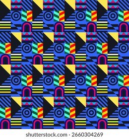 Retro futuristic vector pattern with geometric shapes. Simple form and a figure. Colorful Bauhaus background. Vintage graphics from 1980. 70s, 80s, 90s stile. Abstract design in the Scandinavian style