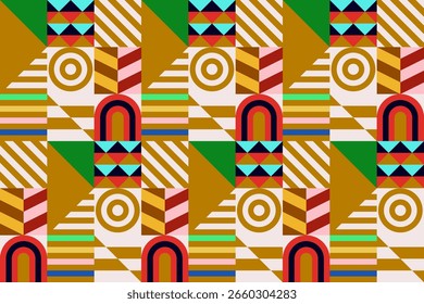 Padrão de vetor futurista retrô com formas geométricas. Forma simples e figura. Fundo Bauhaus colorido. Gráficos antigos de 1980. 70, 80, 90 stile. Design abstrato no estilo escandinavo