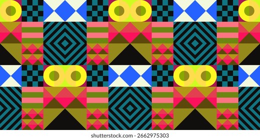Retro futuristic vector pattern with geometric shapes. Simple form and a figure. Colorful Bauhaus background. Vintage graphics from 1980. 70s, 80s, 90s stile. Abstract design in the Scandinavian style
