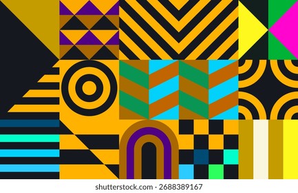Retro futuristic vector pattern with geometric shapes. Simple form and a figure. Colorful Bauhaus background. Vintage graphics from 1980. 70s, 80s, 90s stile. Abstract design in the Scandinavian style