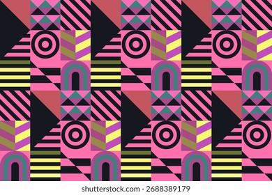 Retro futuristic vector pattern with geometric shapes. Simple form and a figure. Colorful Bauhaus background. Vintage graphics from 1980. 70s, 80s, 90s stile. Abstract design in the Scandinavian style