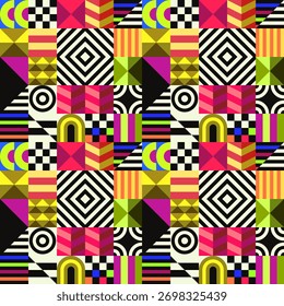 Retro futuristic vector pattern with geometric shapes. Simple form and a figure. Colorful Bauhaus background. Vintage graphics from 1980. 70s, 80s, 90s stile. Abstract design in the Scandinavian style