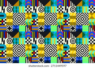 Retro futuristisches Vektormuster mit geometrischen Formen. Einfache Form und eine Figur. Farbiger Bauhaus-Hintergrund. Vintage-Grafiken von 1980. 70er, 80er, 90er Jahre Stil. Abstraktes Design im skandinavischen Stil