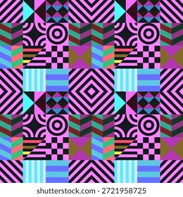 Retro futuristisches Vektormuster mit geometrischen Formen. Einfache Form und eine Figur. Farbiger Bauhaus-Hintergrund. Vintage-Grafiken von 1980. 70er, 80er, 90er Jahre Stil. Abstraktes Design im skandinavischen Stil