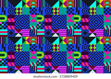 Retro futuristisches Vektormuster mit geometrischen Formen. Einfache Form und eine Figur. Farbiger Bauhaus-Hintergrund. Vintage-Grafiken von 1980. 70er, 80er, 90er Jahre Stil. Abstraktes Design im skandinavischen Stil