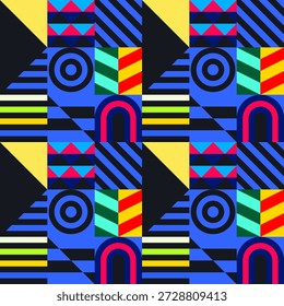 Retro futuristisches Vektormuster mit geometrischen Formen. Einfache Form und eine Figur. Farbiger Bauhaus-Hintergrund. Vintage-Grafiken von 1980. 70er, 80er, 90er Jahre Stil. Abstraktes Design im skandinavischen Stil