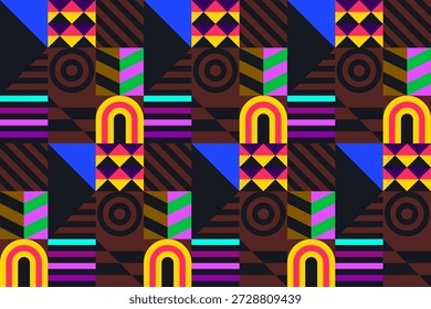 Retro futuristisches Vektormuster mit geometrischen Formen. Einfache Form und eine Figur. Farbiger Bauhaus-Hintergrund. Vintage-Grafiken von 1980. 70er, 80er, 90er Jahre Stil. Abstraktes Design im skandinavischen Stil