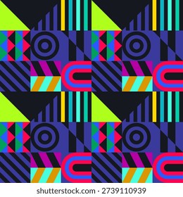 Retro futuristic vector pattern with geometric shapes. Simple form and a figure. Colorful Bauhaus background. Vintage graphics from 1980. 70s, 80s, 90s stile. Abstract design in the Scandinavian style