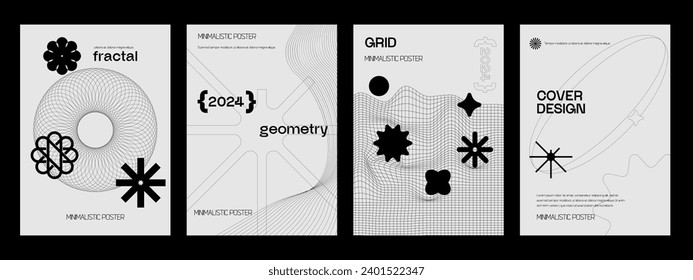 Retro futuristic vector set Posters with silhouette minimalistic basic figures. Modern minimal monochrome print brutalist.