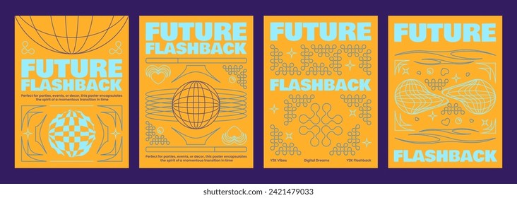 Retro futuristic vibe announcement flyers set. Vector realistic illustration of y2k aesthetic techno banners, retrowave style poster with abstract geometric lines, wireframe globe on orange background