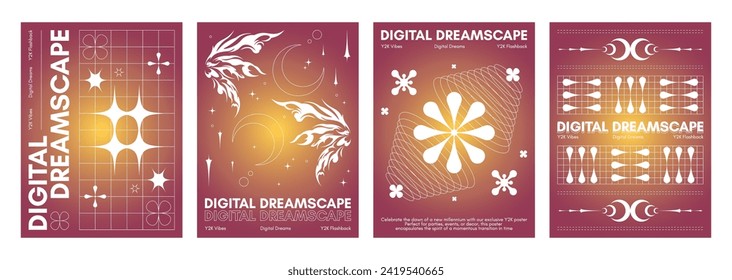 Retro futuristic vibe flyers set. Vector realistic illustration of retrowave posters with elegant decoration, floral design elements, moon, star icons on yellow, red gradient background, y2k banners