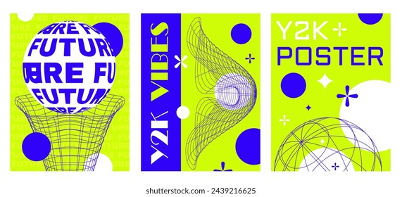 Retro futuristic vibe flyers set. Y2k techno vibe banners set. Retrowave posters with vibrant green text and lines on black background, announcement text frame