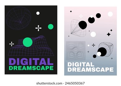 Retro futuristic vibe flyers set. Y2k techno vibe banners set. Retrowave posters with vibrant text and lines on black background, announcement text frame