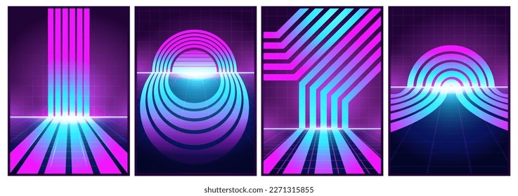 Retro futuristic vintage 80s style stripes background poster lines neon light grid landscapes. computer design  summer party Sci-Fi banner, hipster Synth wave style vector illustration cyber world