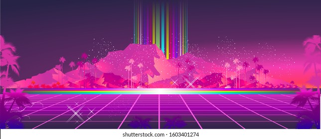 Retro Futuristic Virtual Reality World, Fictional Landscape In 80s Style, Sci-Fi Background Vector Illustration