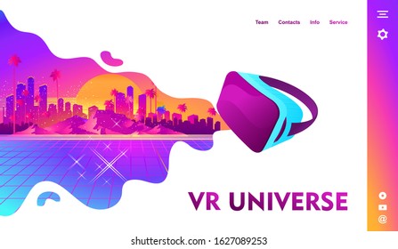 Retro futuristic virtual reality world, template for website homepage, horizontal banner, vector illustration