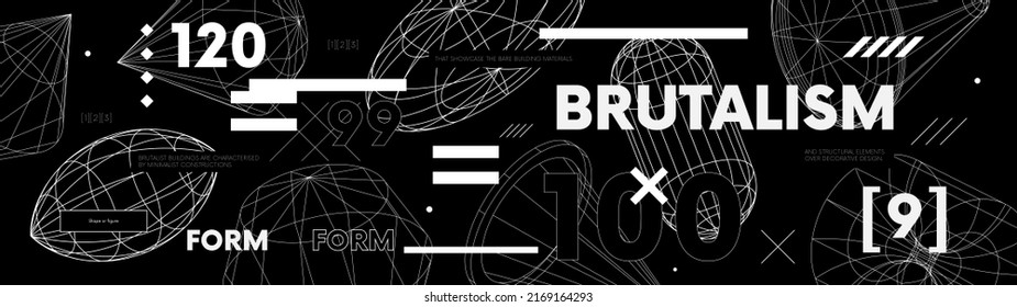 Retro futuristic web banner design with strange wireframes of geometric shapes modern design inspired by brutalism, Vector 3d structure physical figures, Old wave cyberpunk concept