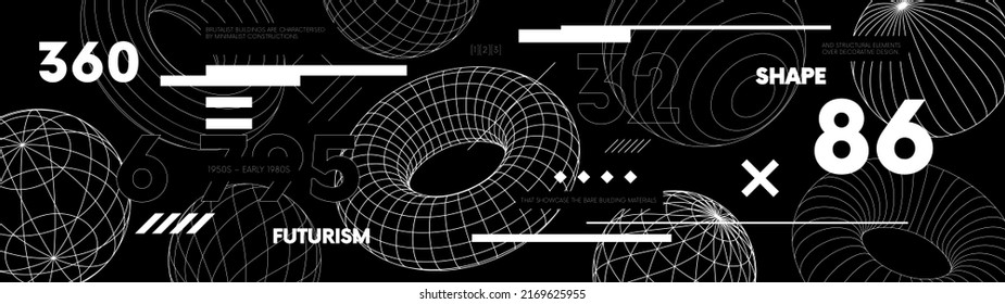 Retro futuristic web banner design with strange wireframes of geometric shapes modern design inspired by brutalism, Vector trendy elements in vaporwave style from 80s-90s