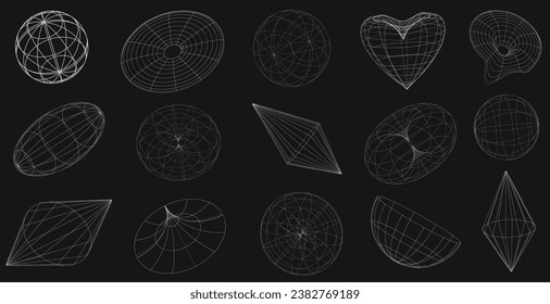 Retro futuristic wireframe elements for design. Abstract collection of frames, 3d shapes, wireframe. Blanks for a poster, banner, business card, sticker