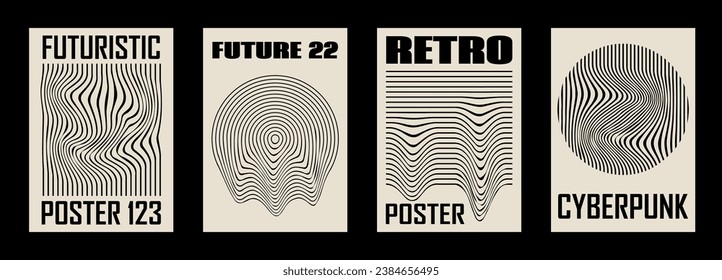 Retro futuristic Y2k abstract geometric posters, wall art, t-shirt prints, banners. Vector techno illustrations