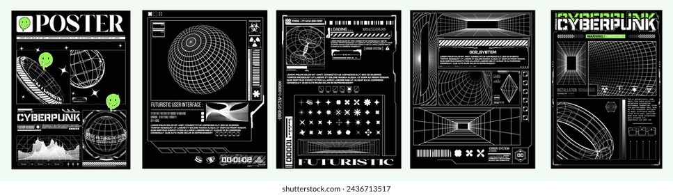 Retro futuristic y2k aesthetic cyberpunk and Futuristic Concept Poster Set. Tech or cyberpunk cover. An artistic collection of cyberpunk and futuristic concept posters, ideal for modern design themes.