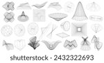Retro futuristic y2k geometry design elements collection. 3d shapes, wireframe, cyberpunk windows and perspective grids. Aesthetic y2k geometric elements and wireframe shapes