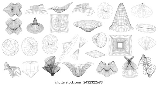 Colección de elementos de diseño de geometría y2k futurista retro. formas 3d, estructura metálica, ventanas cyberpunk y cuadrículas en perspectiva. Elementos geométricos y2k estéticos y formas de alambre