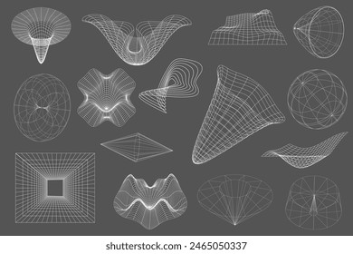 Retro futuristic y2k geometry design elements collection. 3d shapes, wireframe, cyberpunk windows and perspective grids. Aesthetic y2k geometric elements and wireframe shapes