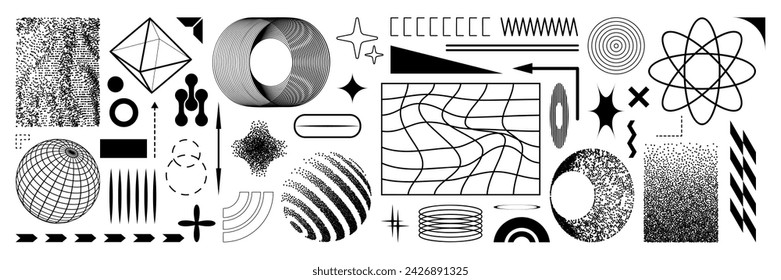 Retro futuristic y2k graphic elements set. Black shape. Vector geometric forms, pixelated effects, wireframe model isolated on white background.
