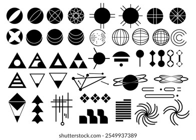 Retro futuristic y2k set elements in flat graphic design. Collection of basic black geometric shapes, rounds, spheres and triangles with mesh, lines, links, abstract grids, other. Vector illustration.