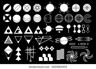 Retro futuristic y2k set elements in flat graphic design. Collection of basic white geometric shapes, rounds, spheres and triangles with mesh, lines, links, abstract grids, other. Vector illustration.