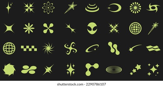 Retro futuristic y2k shapes elements for design. Abstract graphic geometric symbols and objects in y2k style. Hipster graphic objects for logo, notes, posters, banners, sticker, web, business cards