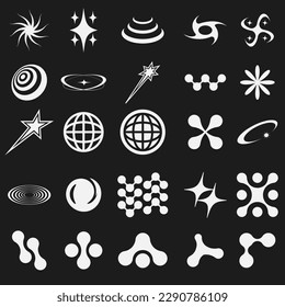 Retro futuristic y2k shapes elements for design. Abstract graphic geometric symbols and objects in y2k style. Hipster graphic objects for logo, notes, posters, banners, sticker, web, business cards
