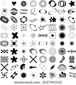 Retro futuristic Y2K star elements Collection. Universal shapes for T-shirt, posters, banners and business cards.  Trendy abstract geometric 
symbols, stickers, brutalism forms, memphis elements.
