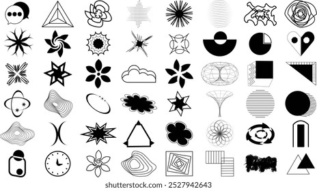 Retro futuristic Y2K star elements Collection. Universal shapes for T-shirt, posters, banners and business cards.  Trendy abstract geometric 
symbols, stickers, brutalism forms, memphis elements. 