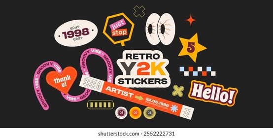 Retro Futuristic Y2K Sticker Pack with Funky playful Graphics. Different shape patches, labels, tags, stickers, bracelet stamps in retro style. Cartoon groovy stickers in grunge 90s style. 