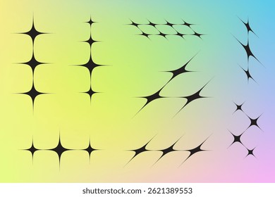 Retro futuristic Y2k style geometric sparkling star icon set. Deformed twinkle and bursts shapes