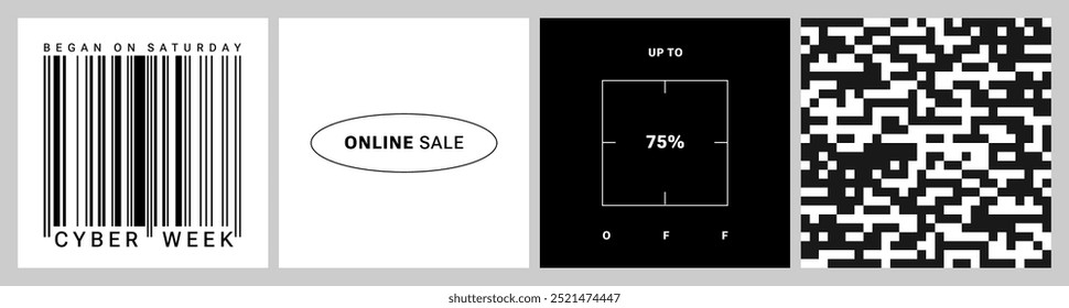 Modelo quadrado futurista retrô estilo y2k para mídias sociais. Desconto na semana cibernética. Design inspirado no brutalismo, cyberpunk, minimalismo. Abstrato mínima venda na web. Ilustrações psicodélicas rave vetorial