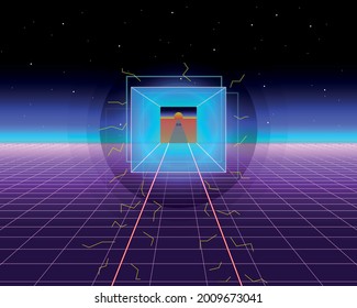 retro fututristic sci-fi night city 80s synthwave VJ or cyberpunk background with neon lights, sun and star.